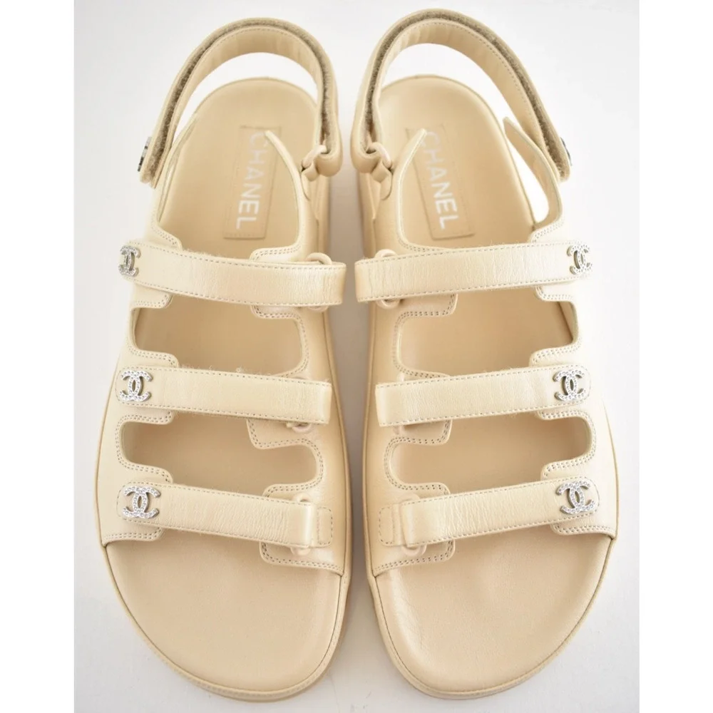 Chanel 24S Beige Leather Triple Strap CC Logo Mule Slide Teva Dad Sandal Flat 41